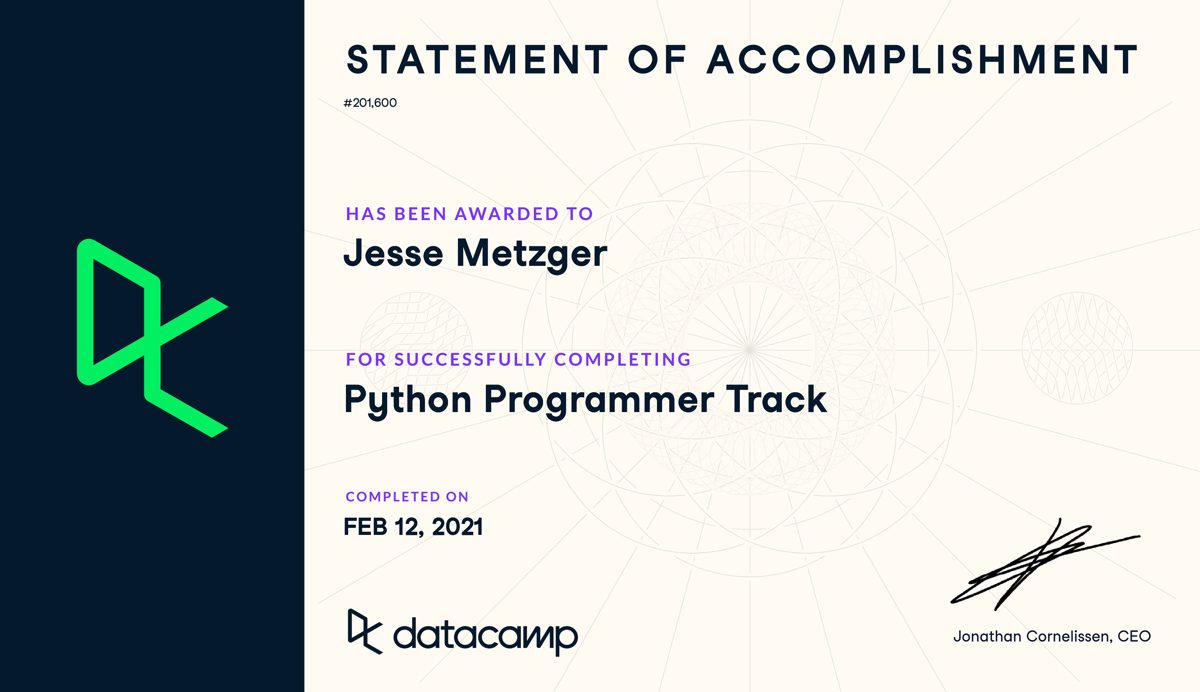 Certificate: DataCamp - Python Programmer Track