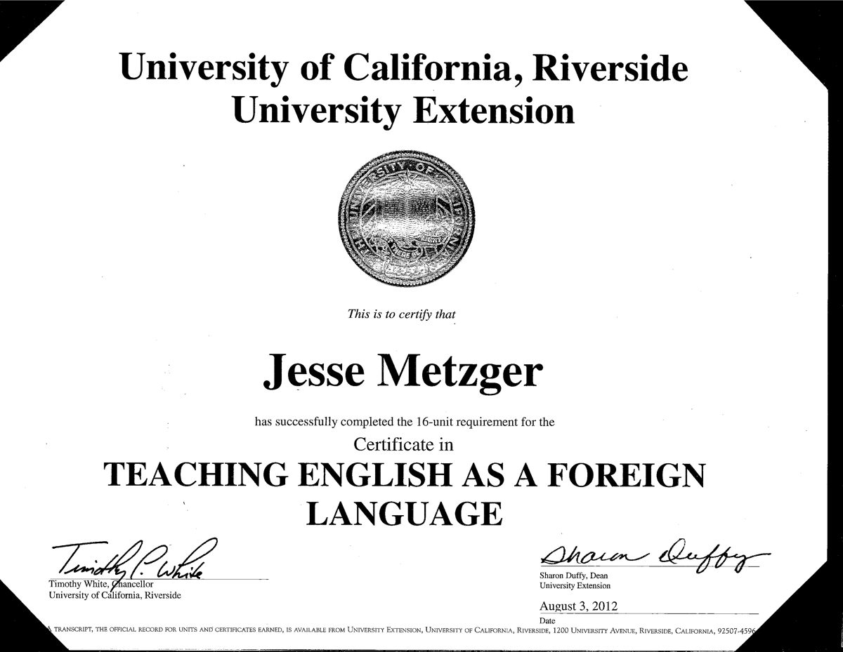 Certificate: UC Riverside - TEFL